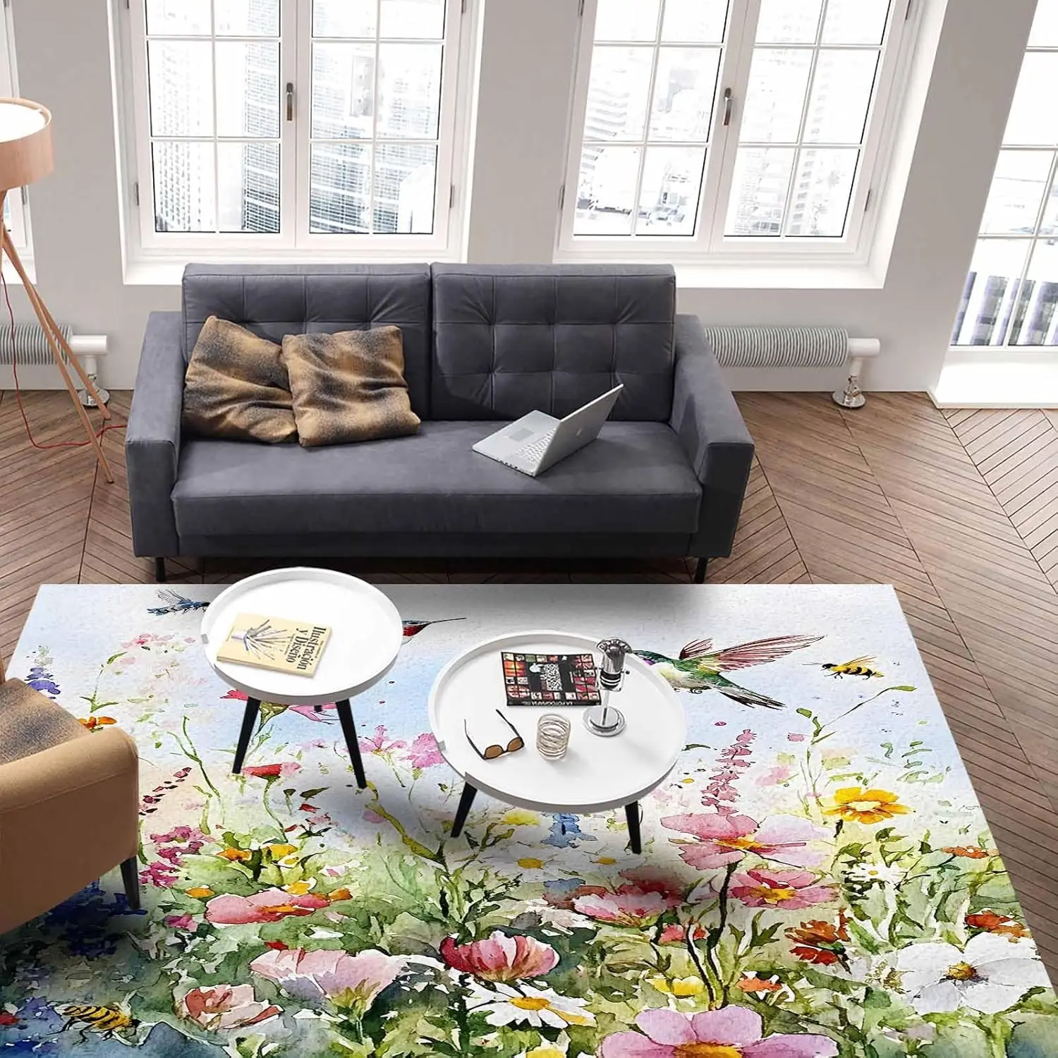 Watercolor Flower Washable Area Rugs Hummingbird Hand-Painted Flowers Bird Non Slip Rugs for Living Room Bedroom, Low Pile Floor