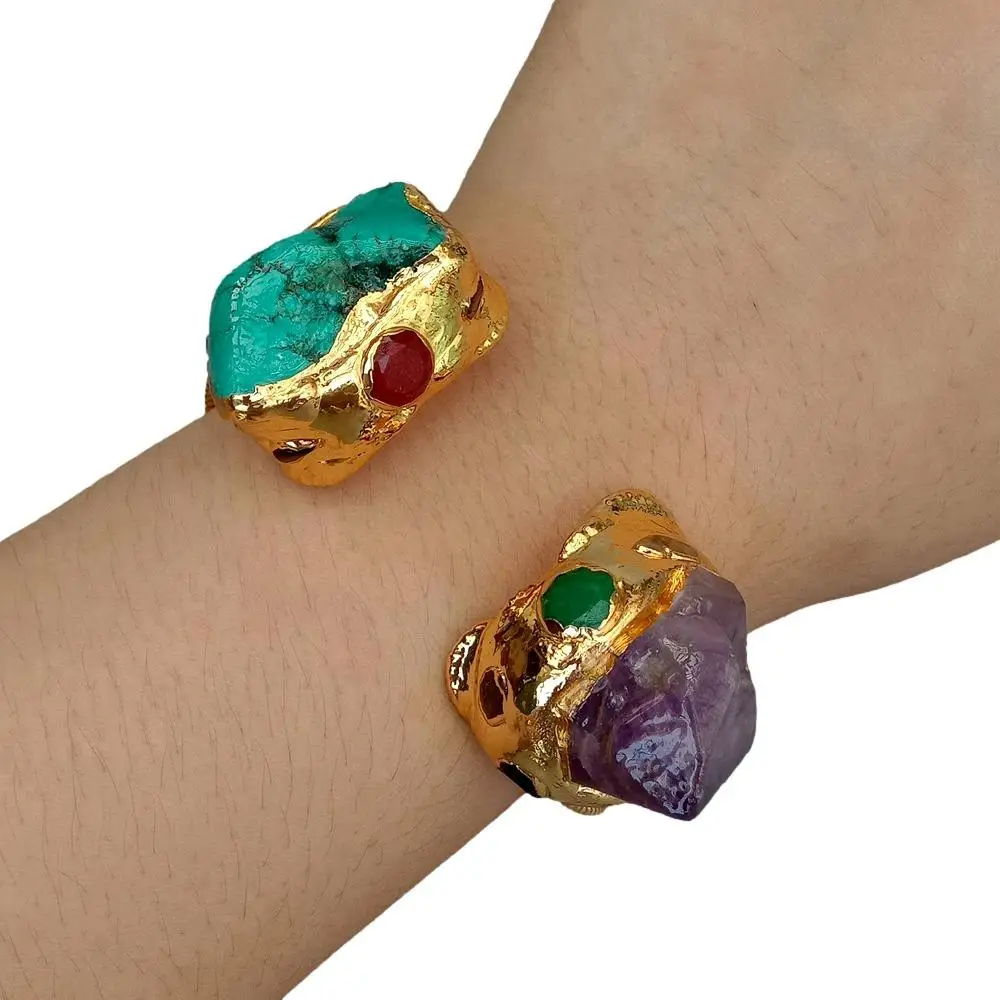 YYGEM Natural Purple Amethyst Druzy Green Turquoise Gold Plated Bangle Bracelet