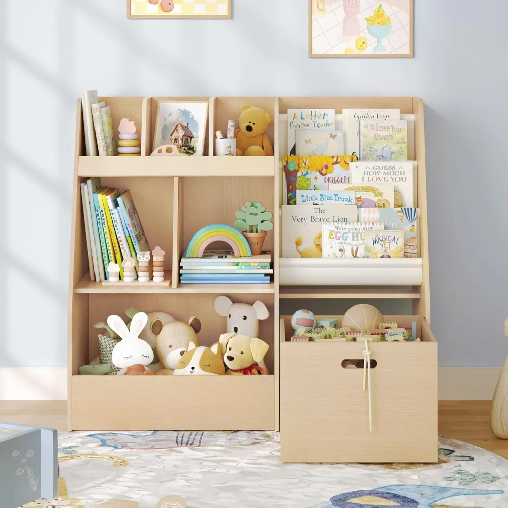 4 in 1 Kids Bookshelf and Toy Storage Organizer, 3-Tier Toy Organizers with Removable Toy Bins, Book Shelf for Kids Room