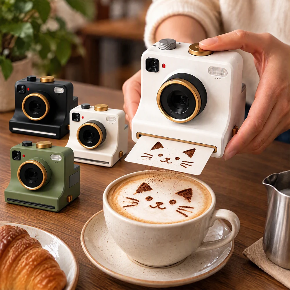 3D Printed Latte Art Camera One‑Touch Coffee Printer with 8 Stencil Cards Miniature Instant Camera Coffee Stencils Latte Art