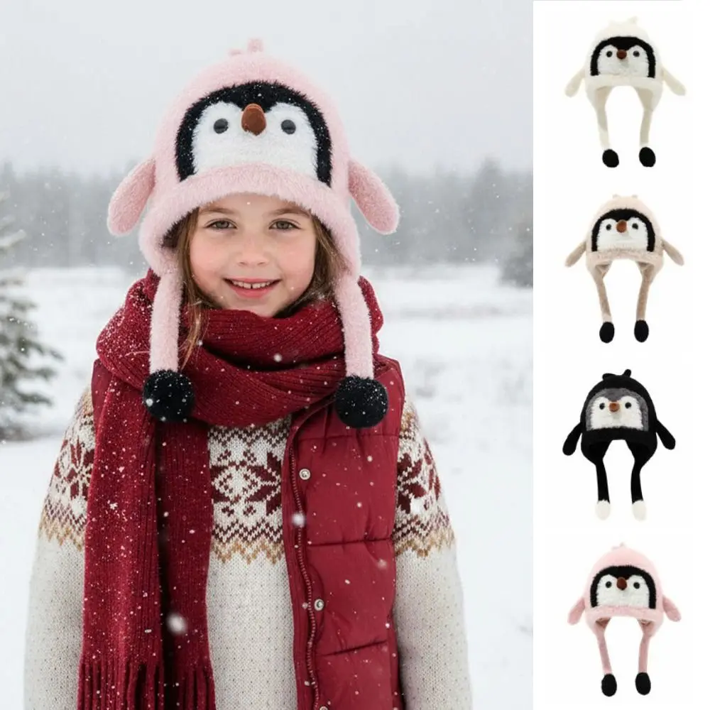 

Cute Children's Warm Hat Breathable Thickened Warmth Cartoon Penguin Balaclava Hat Windproof Pom Pom Ends Ear Protection Cap