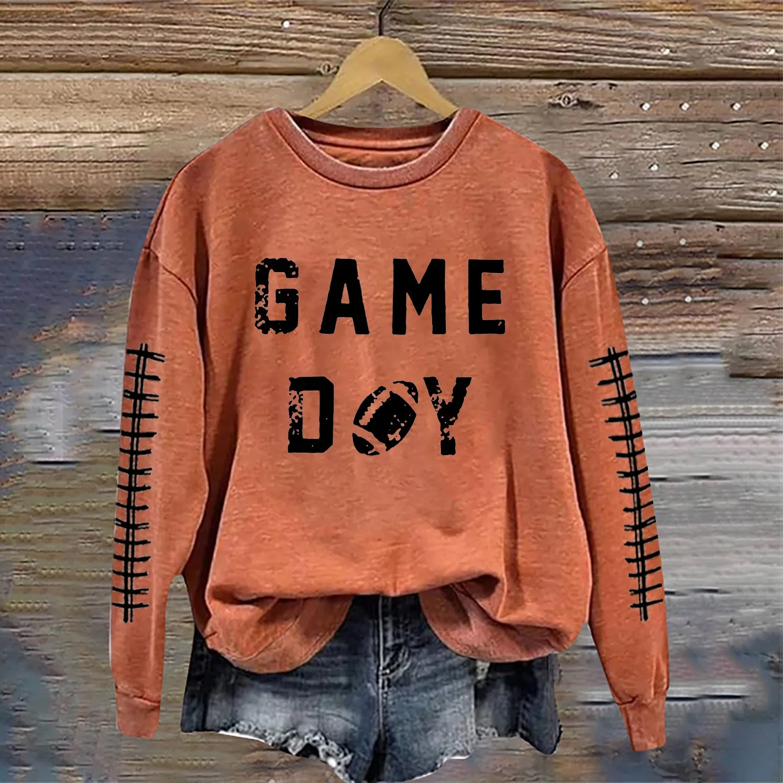 Women's Game Day Print Hoodies Fashion Outdoor Round Neck Long Sleeve Pullover Tops Classic Soft Rugby Printed Sweatshirts