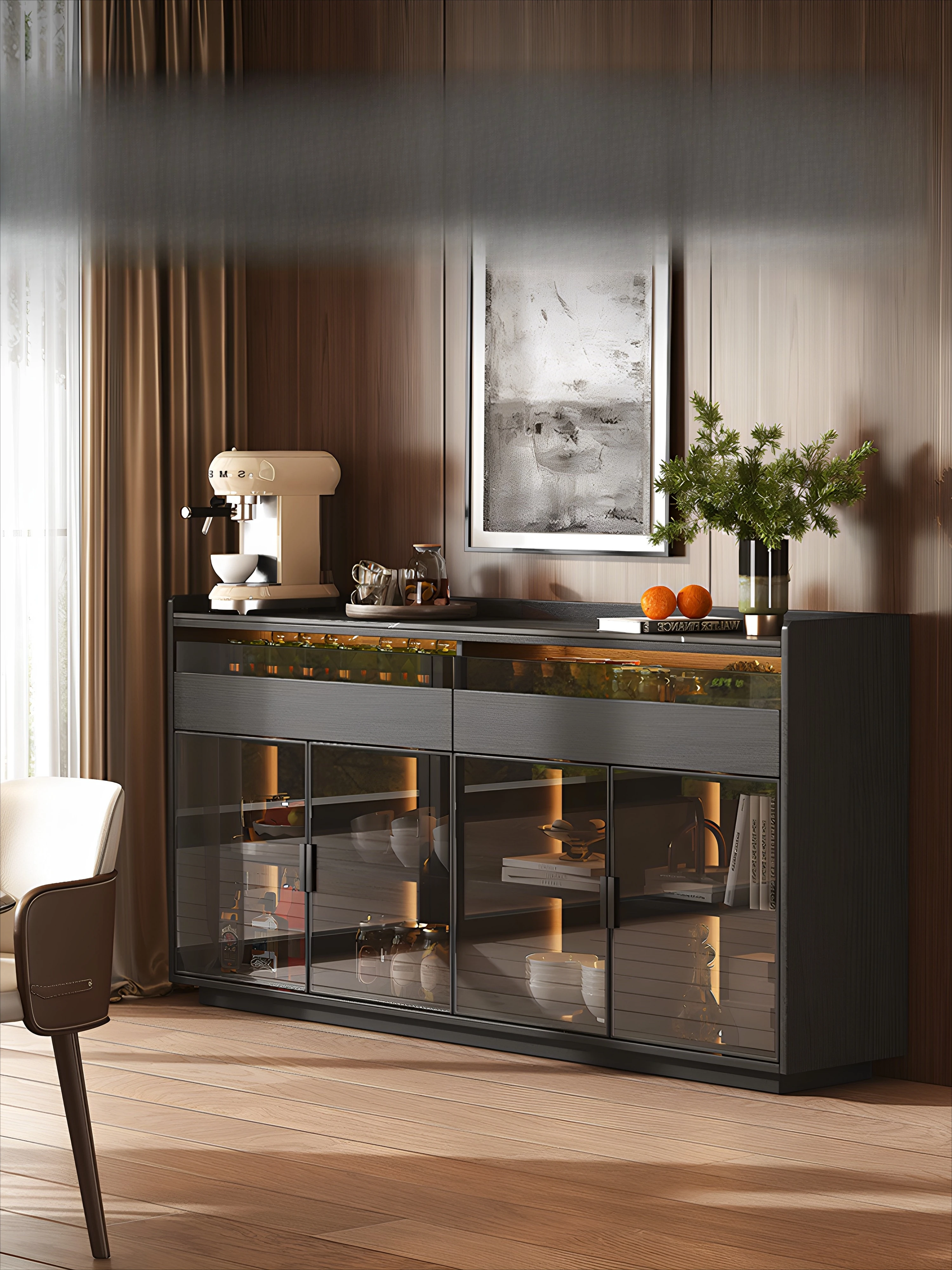 

Modern simple rock high-end light luxury solid wood home living room kitchen side cabinet against the wall black tea cabinet