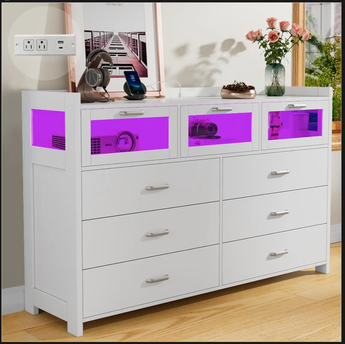 White Dresser for Bedroom,9 Drawers Dresser with LED Lights and Charging Station,Chest of Dresser Bedroom with 3 Visual Drawers,