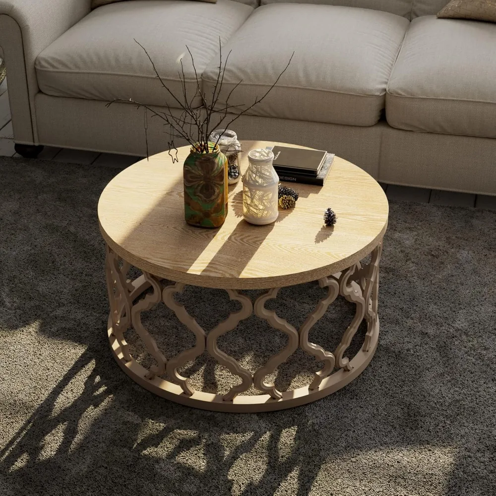 Farmhouse Coffee Table, Distressed Wood Top Table with Curved Motif Frame Base for Boho, Rustic, French Country, Round, Natural