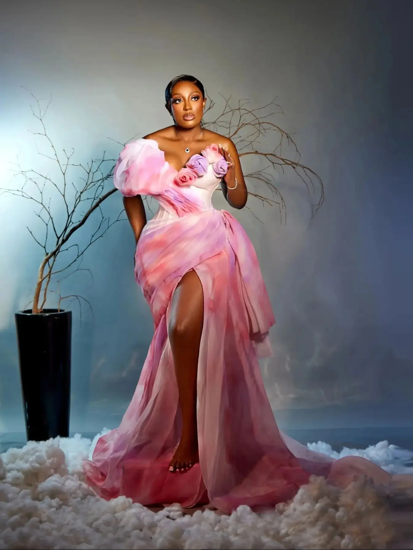 Sexy Gradient Pink Evening Dresses Floral Off Shoulder Custom Mermaid Evening Dress abito da sera African Prom Gown High Slit