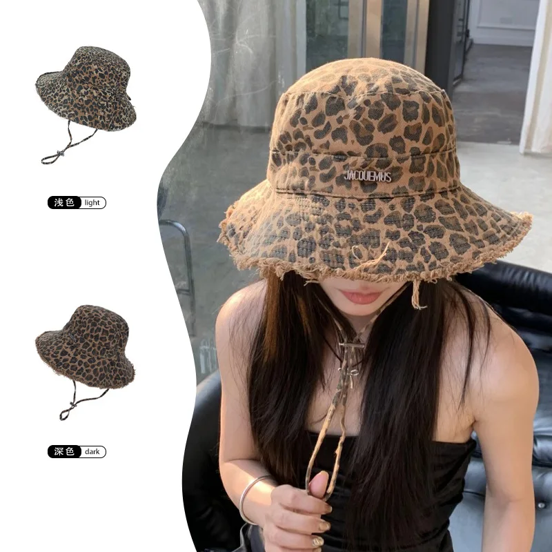 

Leopard Print Fisherman's Hat for Women Foldable Large Brim Sun Hat with Fringe Hanging Rope Outdoor Hiking Cap