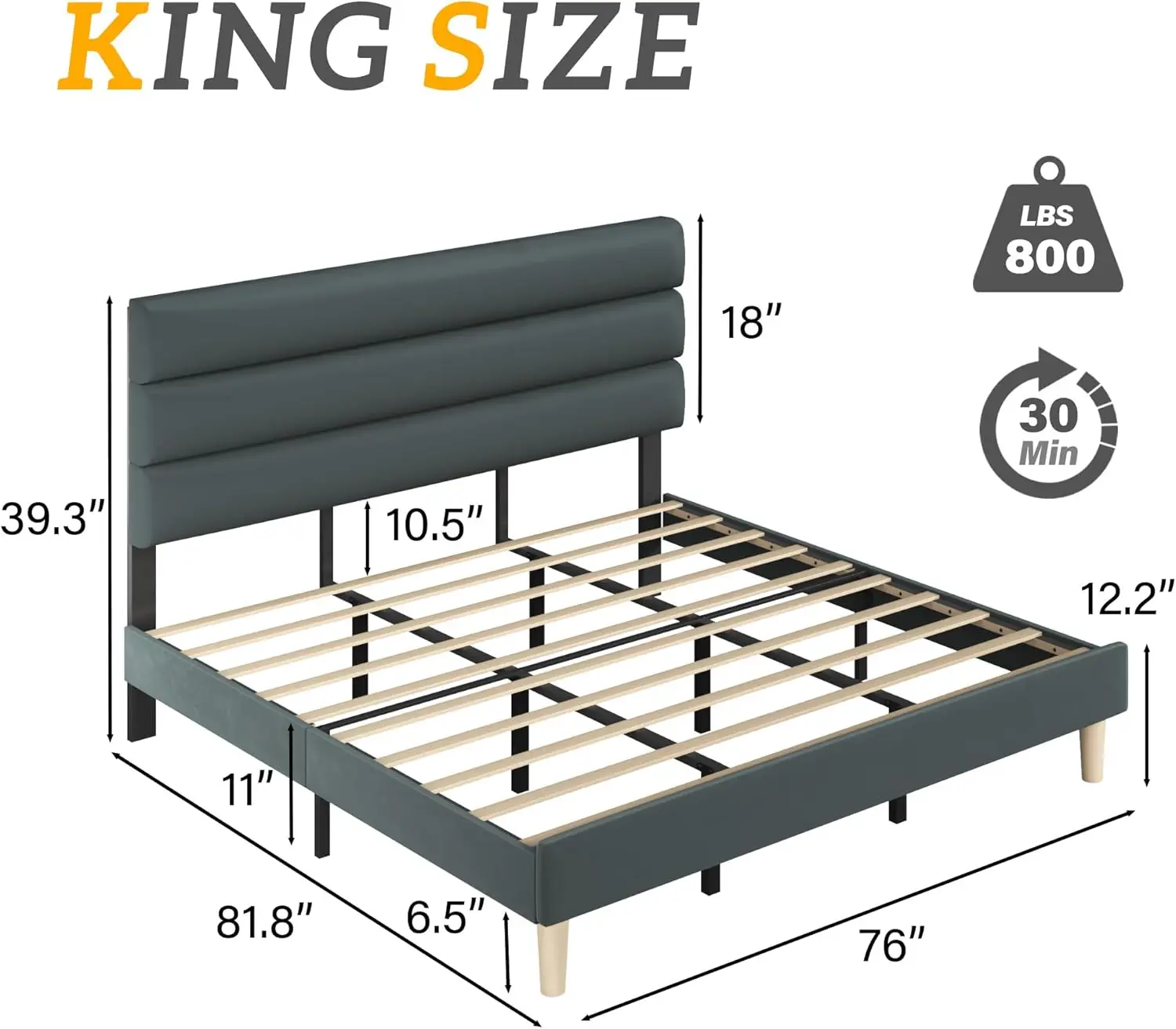 

King Bed Frame, Platform Bed Frame with Velvet Upholstered Headboard, No Box Spring Needed, Sturdy Metal Support
