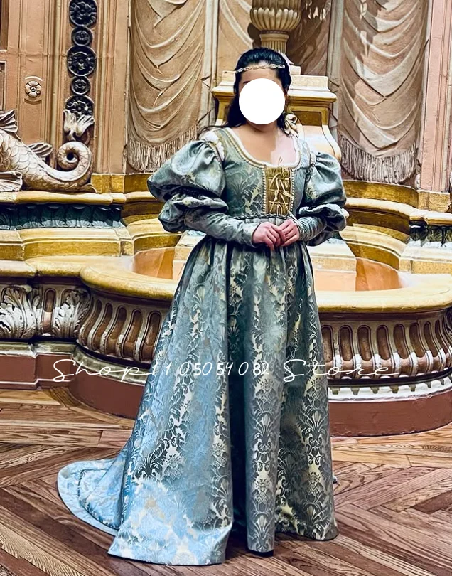 Viktorianische Prinzessinnen-Abschlussballkleider in Blau, Rundhalsausschnitt, Puffärmel, Vintage-Druck, A-Linie, Abendkleid für besondere Anlässe, maßgeschneidert