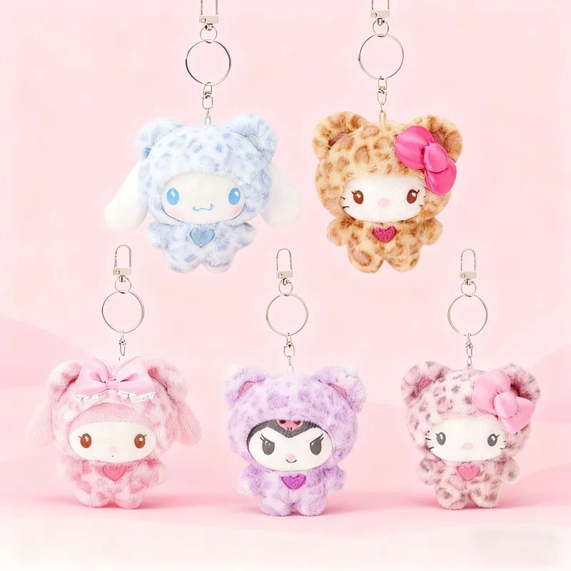 Sanrio Leopard Print Bear Series Hello Kitty Keychain Pendant Cartoon Kitty Cat Plush Doll Pendant Keychain Bag Decorations Gift