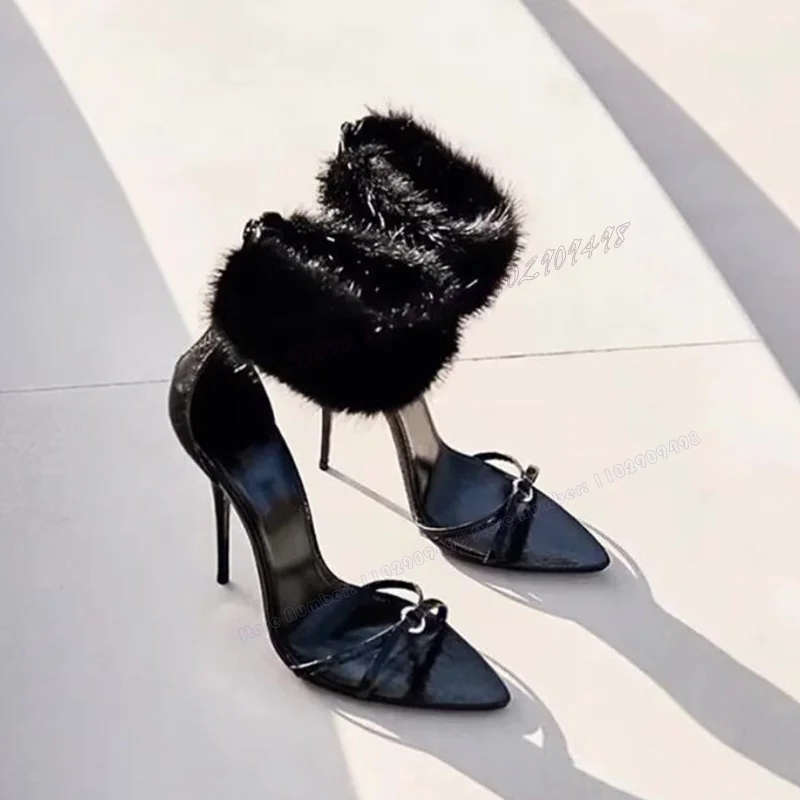 Black Fur Decor Back Strap Sandals Pointed Toe Shoes for Women Cover Heel Thin High Heels Sexy Shoes 2023 Zapatos Para Mujere