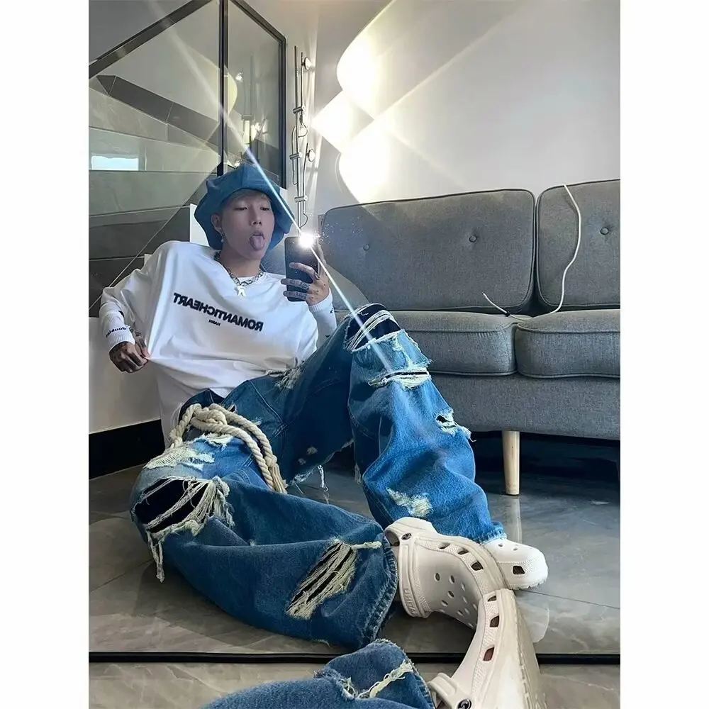 Retro männer Casual Gerade Ripped Loch Gewaschen Jeans Koreanische Mode Lose Blau Denim Bodenlangen Hosen
