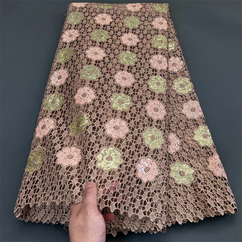 2024 High Quality African Nigerian Embroidery Tulle Cotton Lace Fabric Wedding Party Golden Dress Damask Sequins 5Yard PS0030