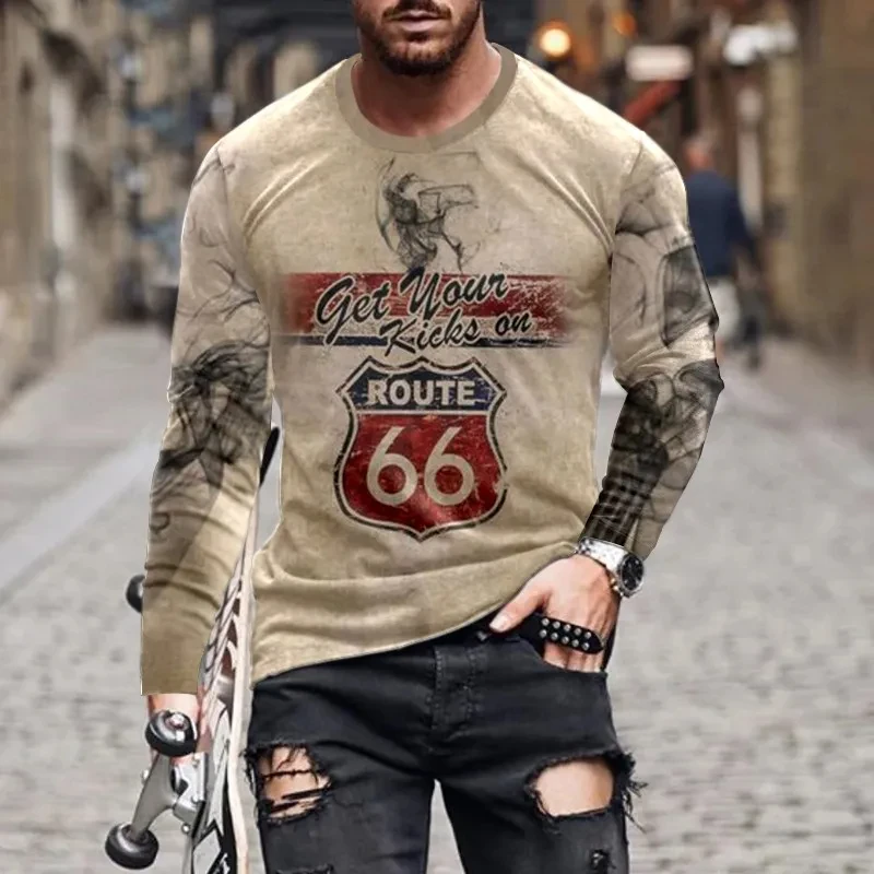 Vintage Route 66 3d Print Zomer Heren Hals Casual Lange Mouw T-Shirt Oversized T-Shirt Mode Trendy Heren