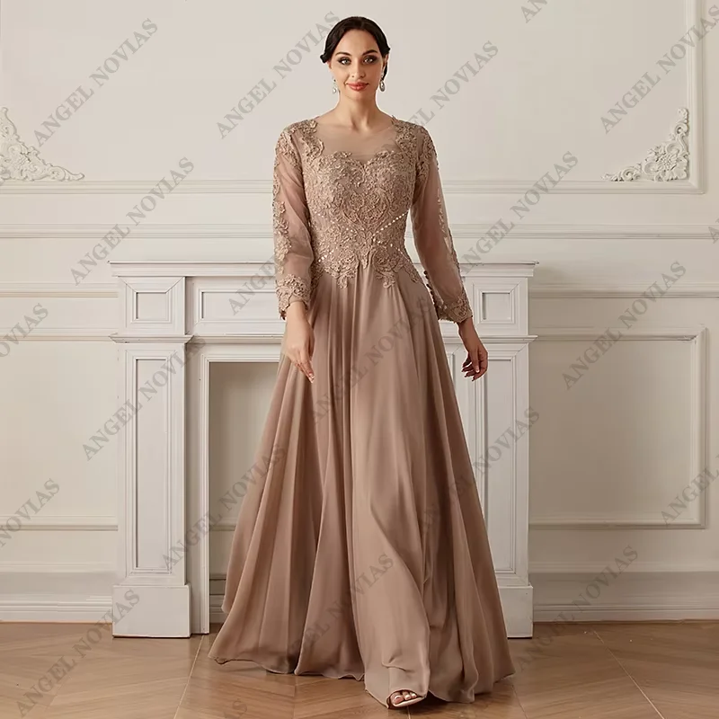 Robe mère de la mariée en mousseline de soie champagne, manches longues, robe de soirée de mariage, 85348