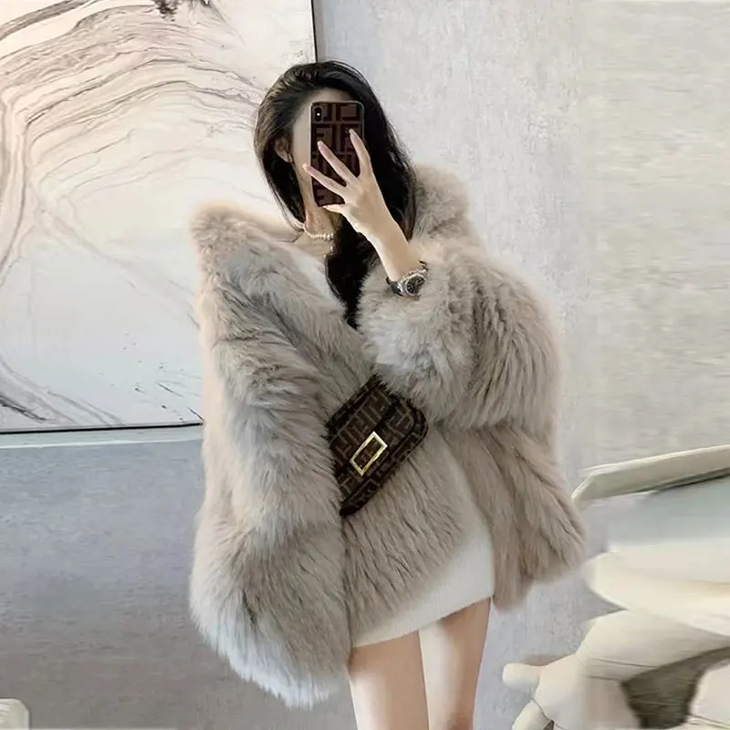 Women's Autumn Hooded Mid-length Fur Jackets Tops Teddy Coats Female Winter 2023 Korean New Artificial Warm Thickening Overcoat