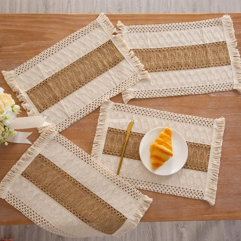 1pcs Boho Placemats Set Natural Cotton Burlap Farmhouse Place Mats with Tassels for Home Dining Wedding Table Kitchen Decor