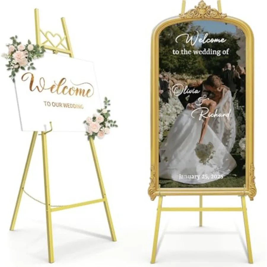 

56" Gold Easel Stand for Sign, Heavy Duty Display Easel with Adjustable Chain, Heart-Shaped Envelope Design Art Easel for Paint
