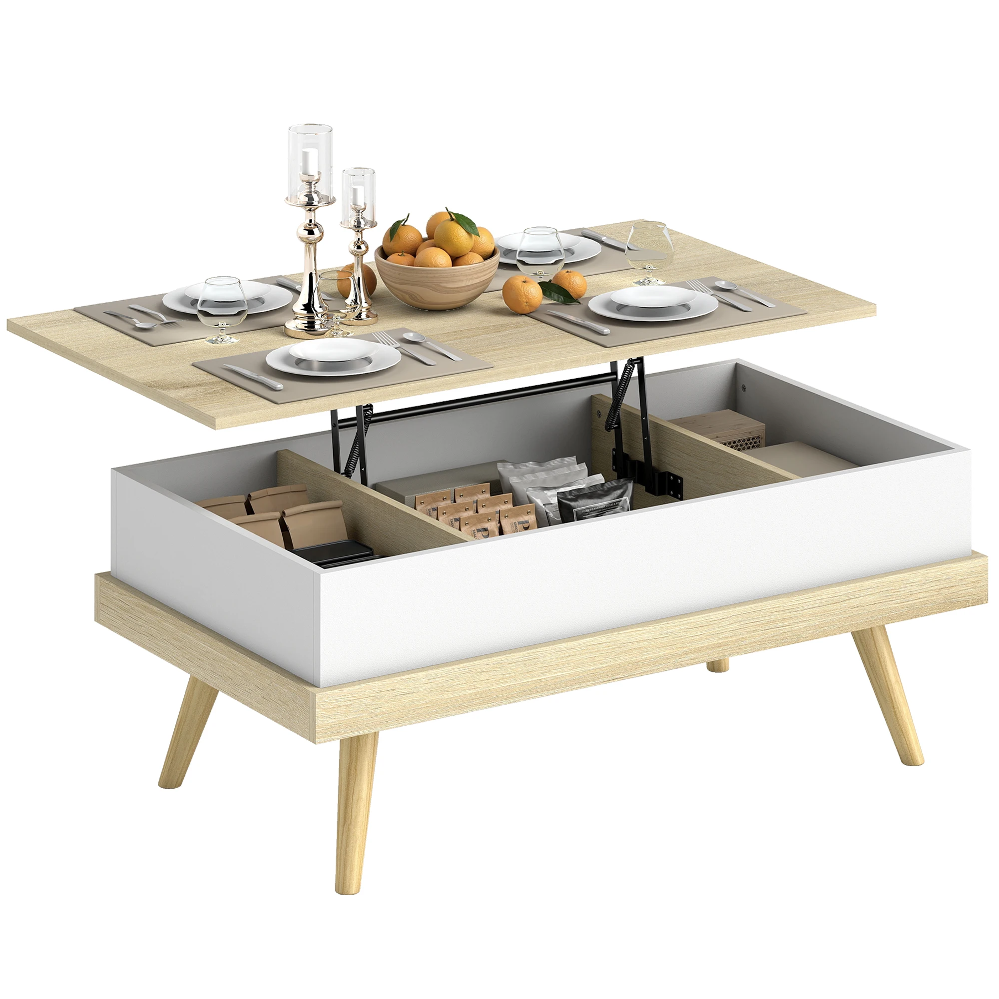 Tavolino sollevabile Homcom con 3 scomparti nascoste e gambe in legno 100X79X54 cm Naturale e bianco
