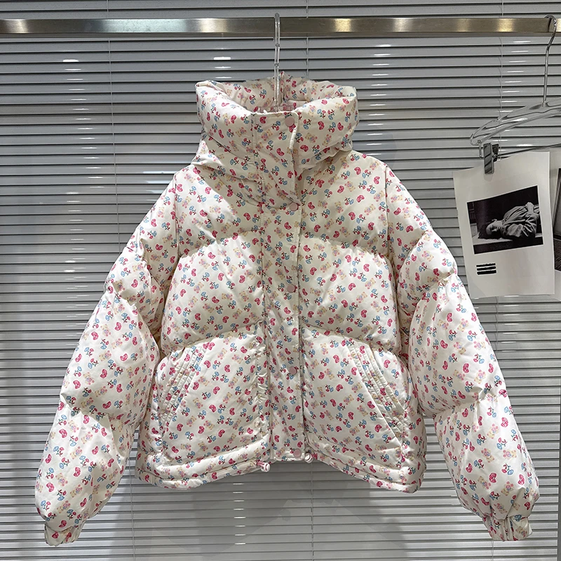 2025年冬新作 小花柄 ルーズ 暖かい フード付き ブレッドウェア コットンジャケット レディース 可愛い ゆったり 厚手 多用途コート
