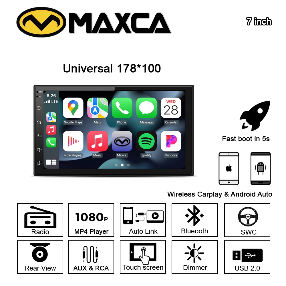 

MAXCA 2 din 7 inch Universal Wireless Carplay Android Auto Radio Multimedia Stereo