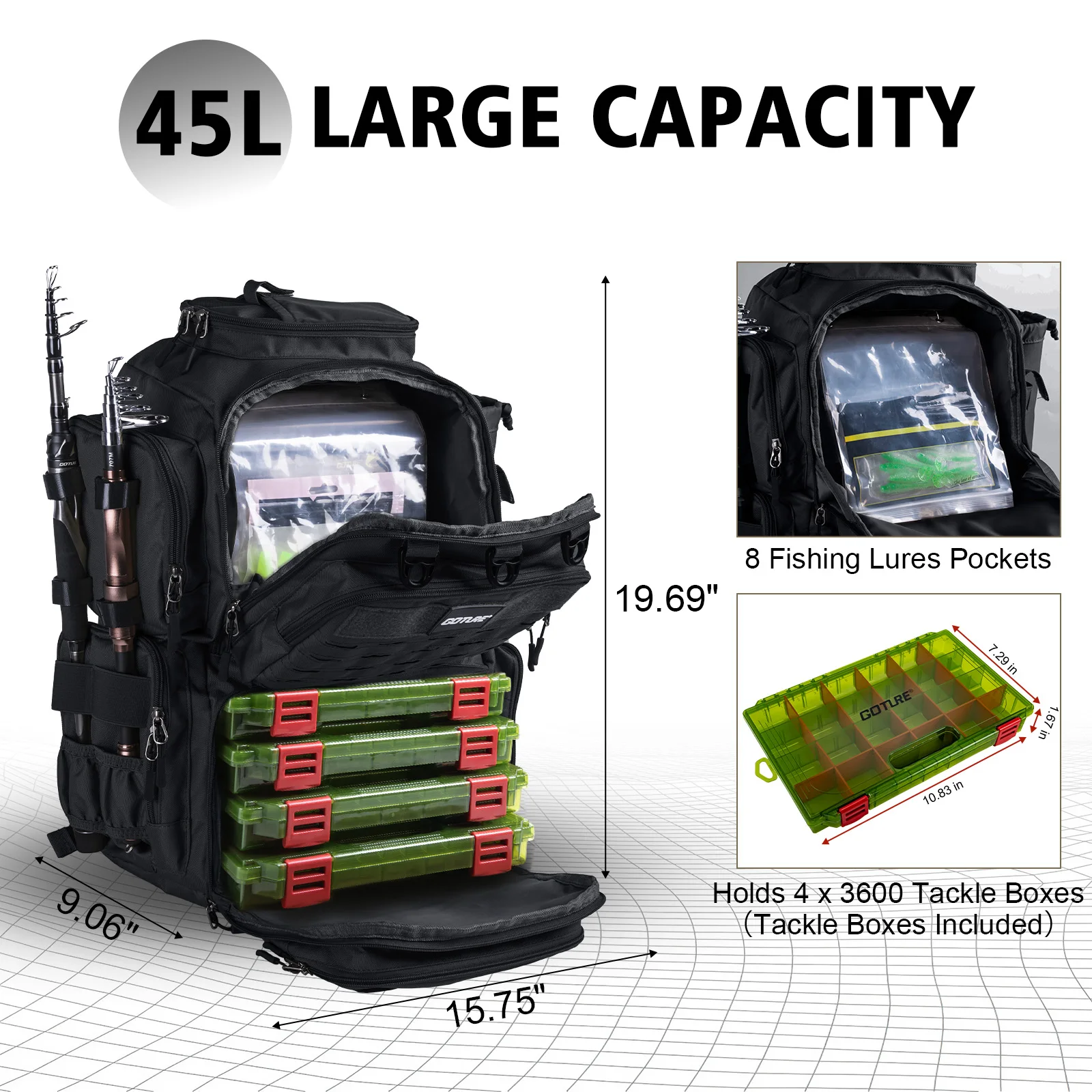 

Goture 45L Fishing Backpack with Four 3600 Tackle Boxes & Rain Cover, Water-Resistant Fishing Tackle Bag Adjustable Compartment