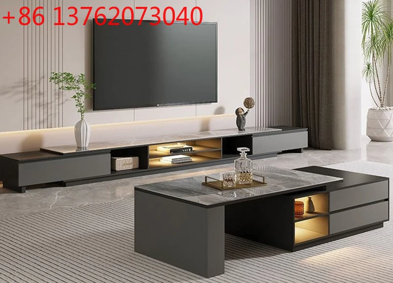 

Modern light luxury retractable rock slab background wall TV cabinet coffee table combination