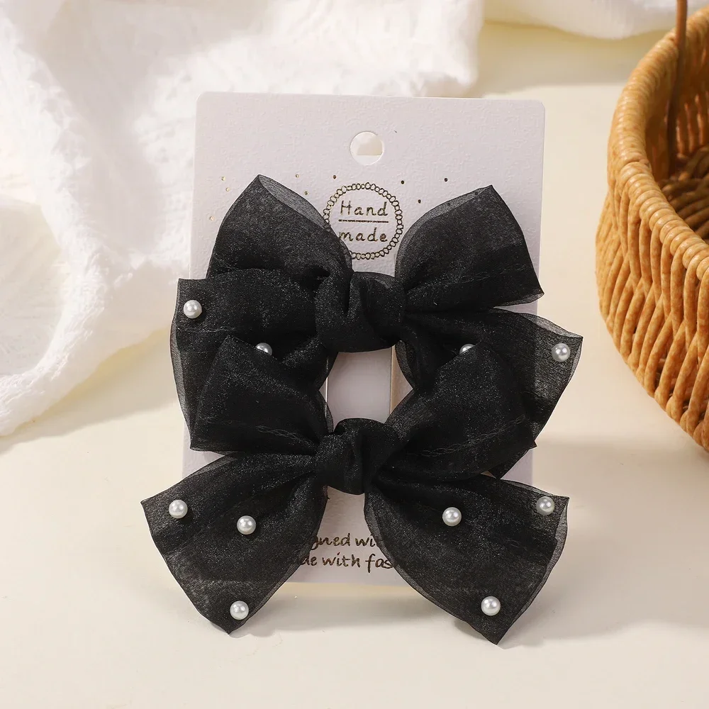 

2Pcs/Set Pearl Bows Hair Clips Cute Sweet Girls Side Clip Solid Color Hairpin Handmade with Bow Hair Accessories Headdress Gifts
