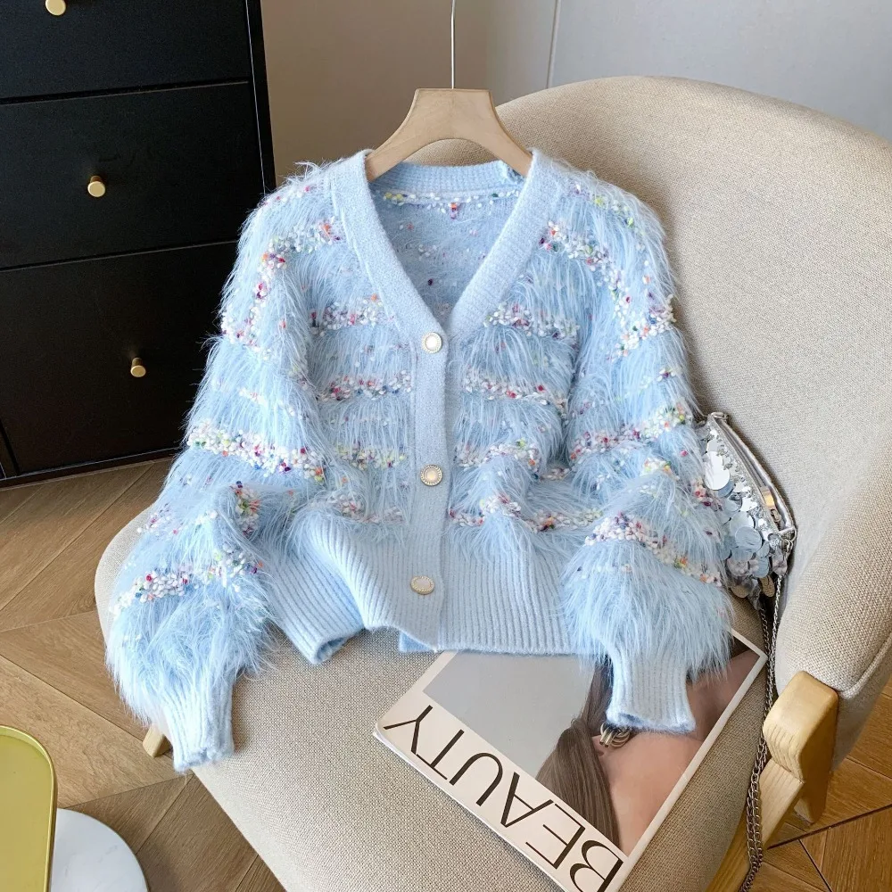 

Lazy Style Faux Mink Knitted Jacket Fashionable Loose Colorful Sweater Women's V-neck Sweater Spring and Autumn New Style