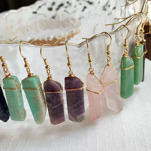 Healing Natural Stone Earrings Irregular Rectangle Long Tassel Pendulum Amazonite Lapis Pink Quartz Purple Crystal Drop Earring AliExpress