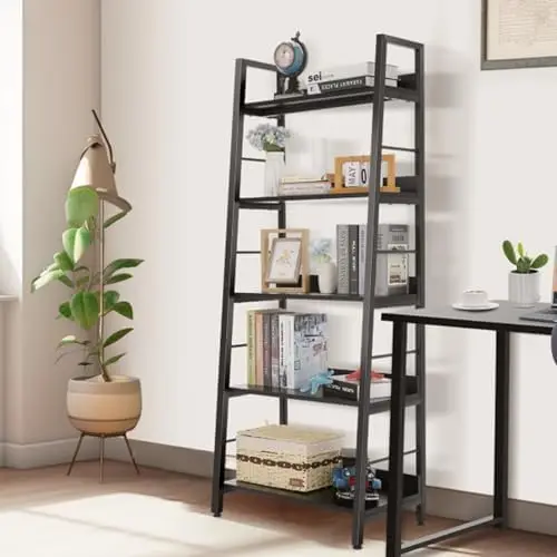 

5 Tier Book , Industrial Rustic Open Wood Metal Ladder Bookshelf Accent Bookcase, Morden Ladder for Living Room/Bedroom/Home Of