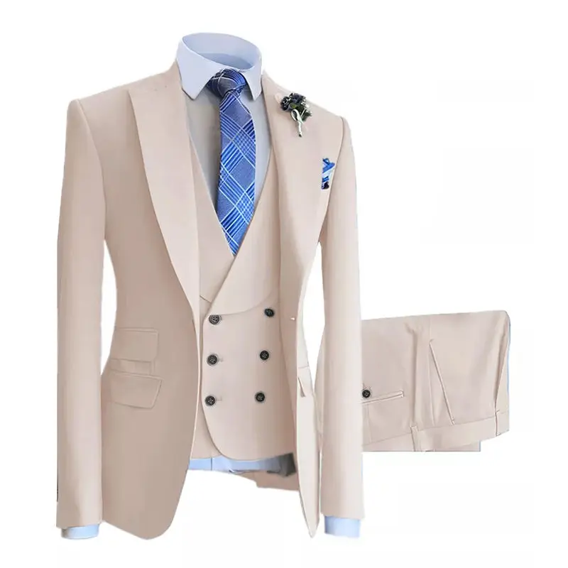 

Beige Men Suits 3 Pieces Blazer Vest Pants One Button Sheer Lapel Fashion Men's Tuxedo Wedding Formal Work Causal Tailored