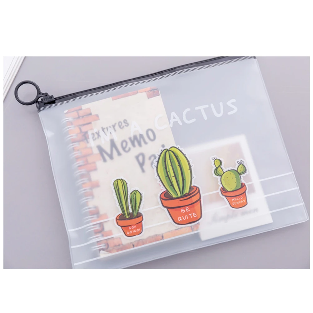

2pcs Clear Zipper File Bags Cactus Pattern Pencil Pouch Big Pull Ring Waterproof Oilproof Portable Document Organizer Storage