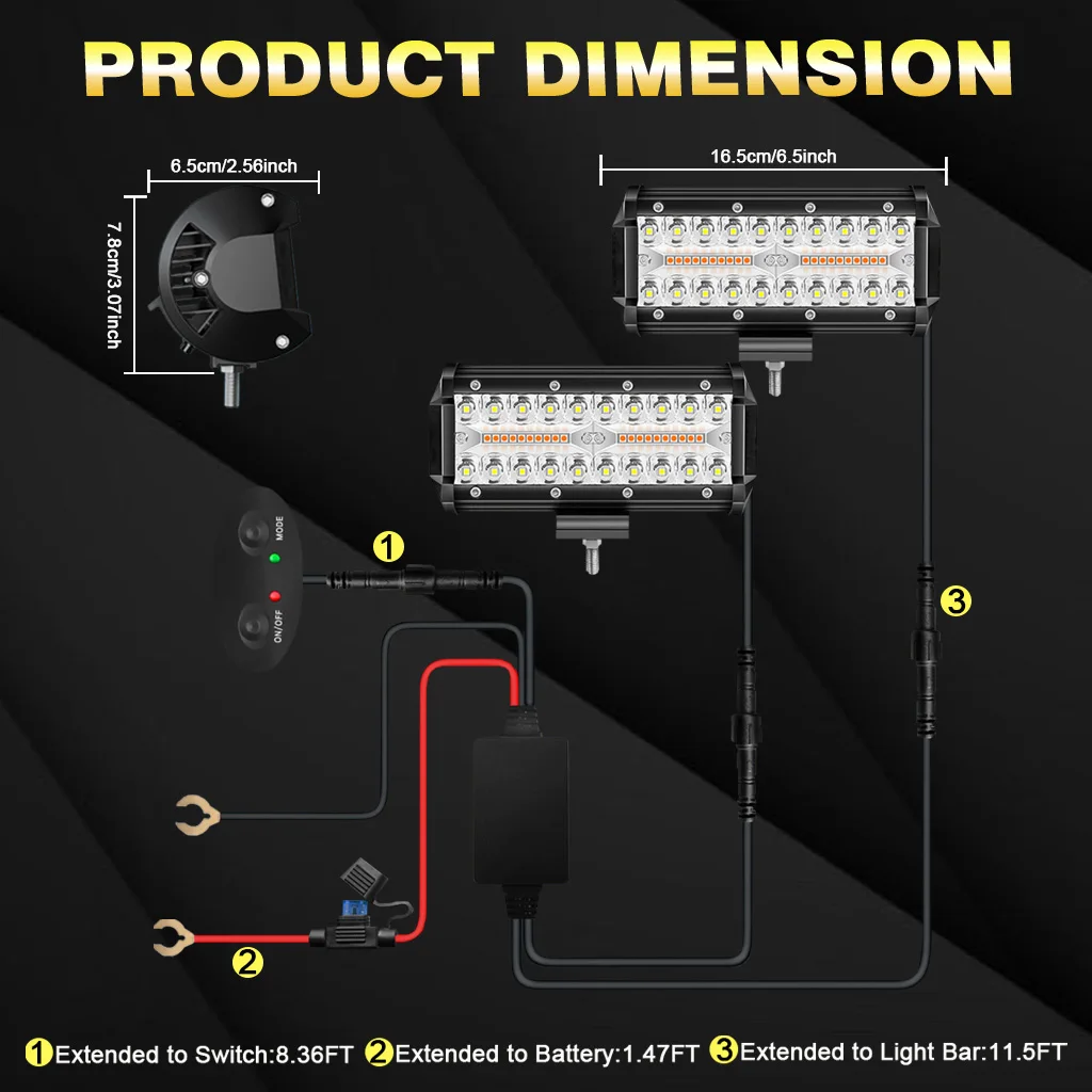 2PCS 6.5 Inch 120W LED Light Bar Amber White Strobe 6 Modes Memory Function Off-Road Truck Car ATV SUV Cabin Boat