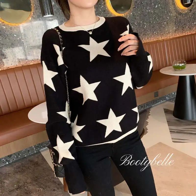 Donna autunno inverno moda Patchwork o-collo manica lunga maglione donna Casual All-match maglieria tendenza stella a cinque punte top