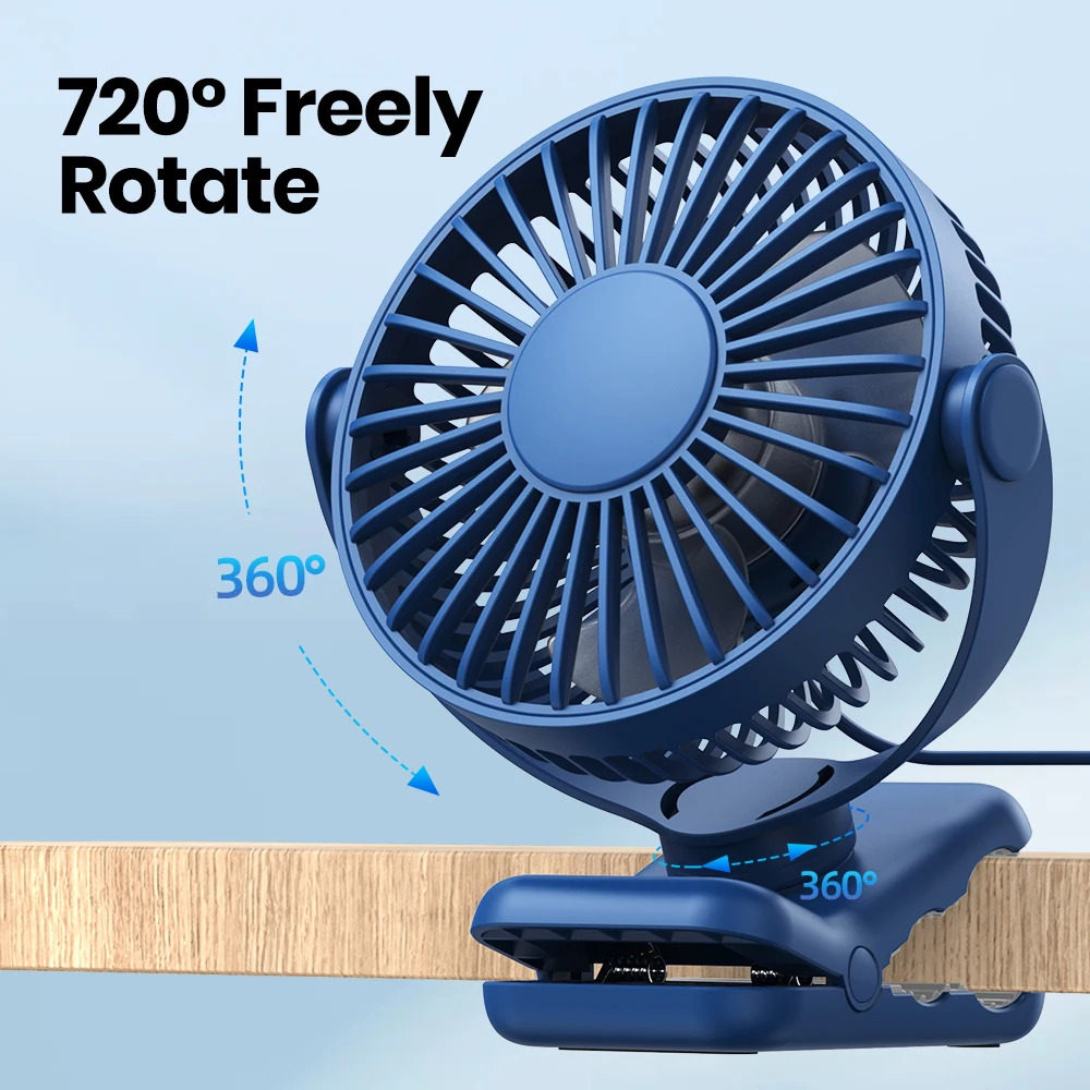 TOPK K62B Small Portable Clip Fan USB Desk Fan with 3 Speeds Strong Airflow, 720° Rotation, Ultra-Quiet, Desk Fans for Home/Offi