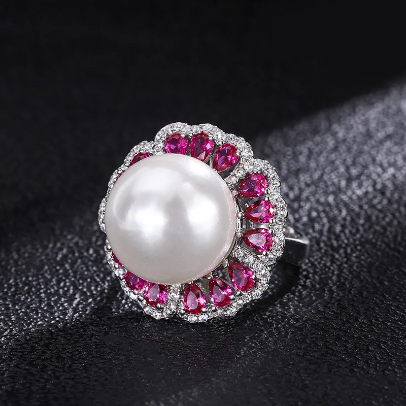 Jewelry Inlaid with White Shell Pearl Light Flower Stamen Women's Fashion Ring Pendant Set Wholesale Beads 16mm
