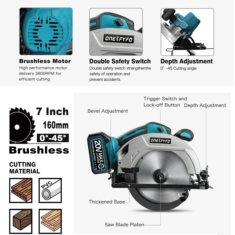 Brushless 7Inch 180MM Electric Circular Saws Cordless Adjustment for Woodworking Cutting Machine Tool For Makita 18V Battery