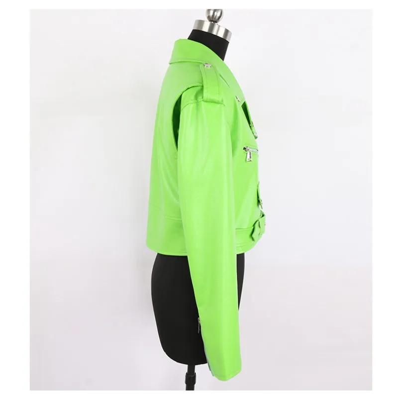 Spring Autumn Short Green Stylish Faux Leather Biker Jacket Women Zipper Long Sleeve Fashion Coat