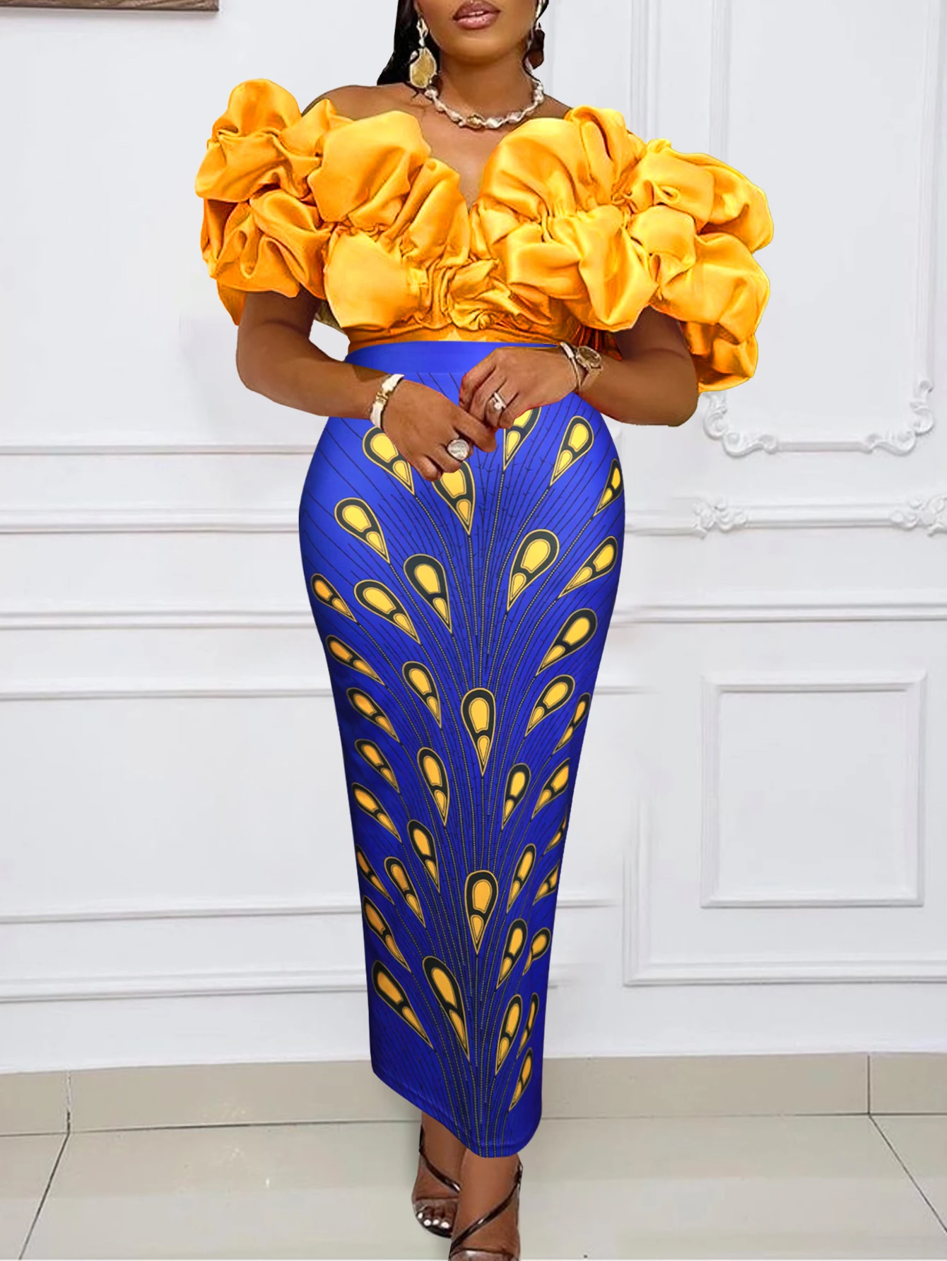 Women Two Pieces Set Blouses Tops Shirt Ruffles Printed Skirt Ruffles Off Shoulder Summer Elegant Stylish African Party Occasion