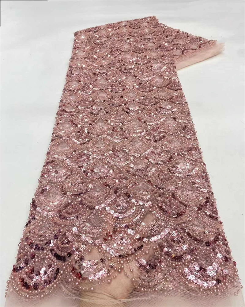 African Sequins Lace Fabric  High Quality Embroidery Handmade Sequence Beaded Lace Fabric For Bridal Material
