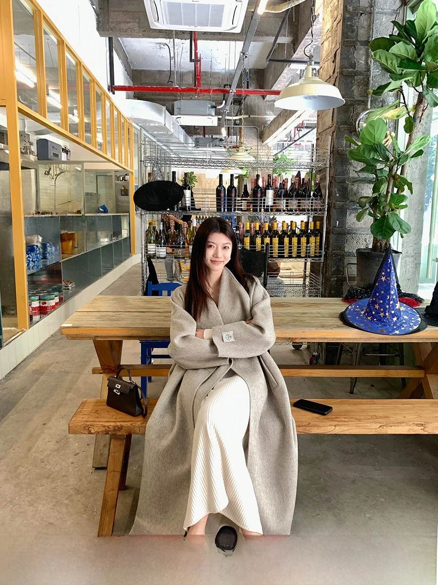 

Double-Sided Woolen Coat Scarf-Sle awl Collar Long Mid-Length Women's Winter Outerwear Korean Sle Loose Fit Thiened