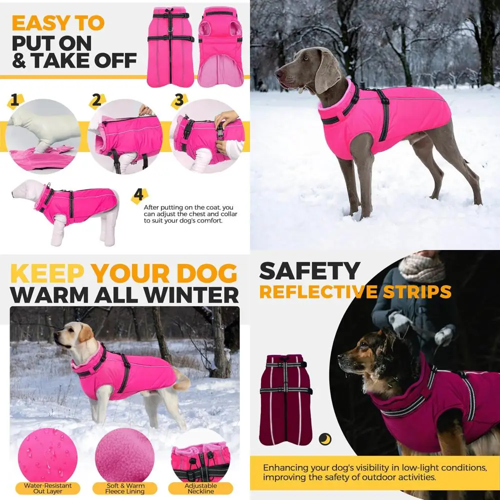 

Очень большая водонепроницаемая ветрозащитная светоотражающая куртка для собак со встроенной шлейфом, на флисовой подкладке для холодной погоды, розово-красная, 3 шт.