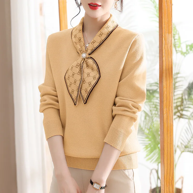 Women Fashion Bow Jacquard Wool Sweater Autumn Winter Thick Casual Loose Knitted Tops Comfortable Casual Knitwear