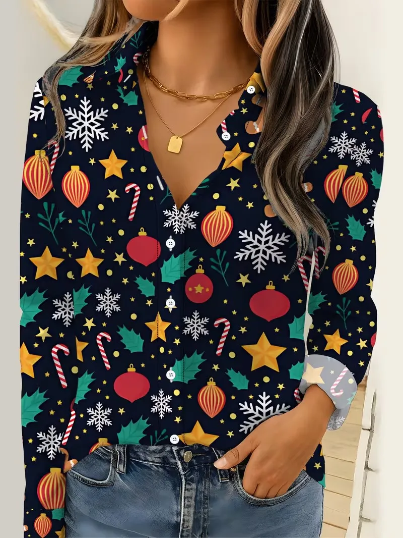 Women Long Sleeve Shirt Fashion Christmas Party Christmas tree Printing Blouse Elegant Graphic Casual Spring Fall Blouse Tops