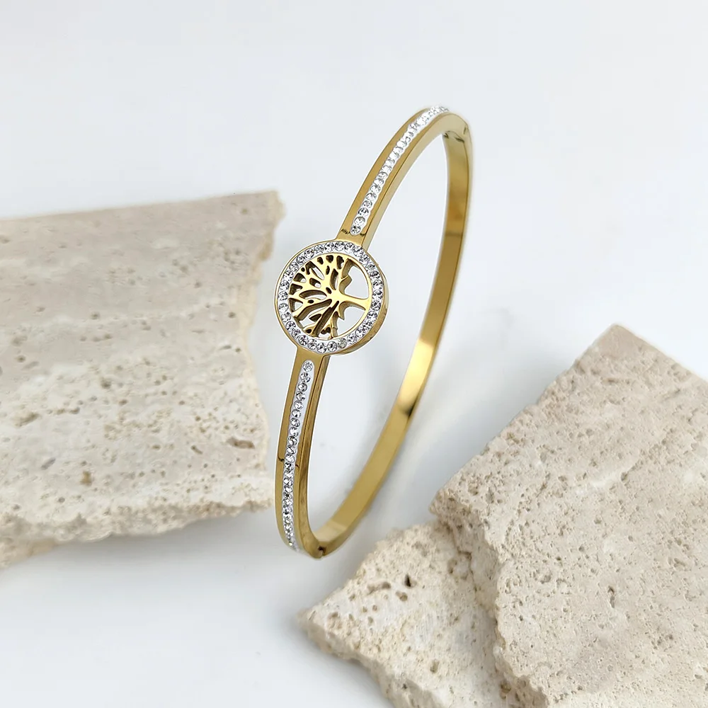 Luxury Stainless Steel Tree of Life Bangle for Women Men Crystal Zircon Bracelet Silver Gold Color Wrist Jewelry Accessories - Detail 1
