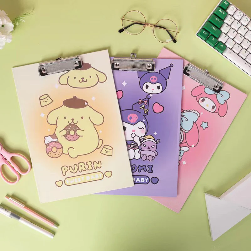 Anime Sanrio Figura Board Clip Arquivos, Escrevendo Papelaria, Papéis de Teste, Hard Pad, Hello Kitty, Minha Melody, Kuromi, Presente do Estudante, 1Pc