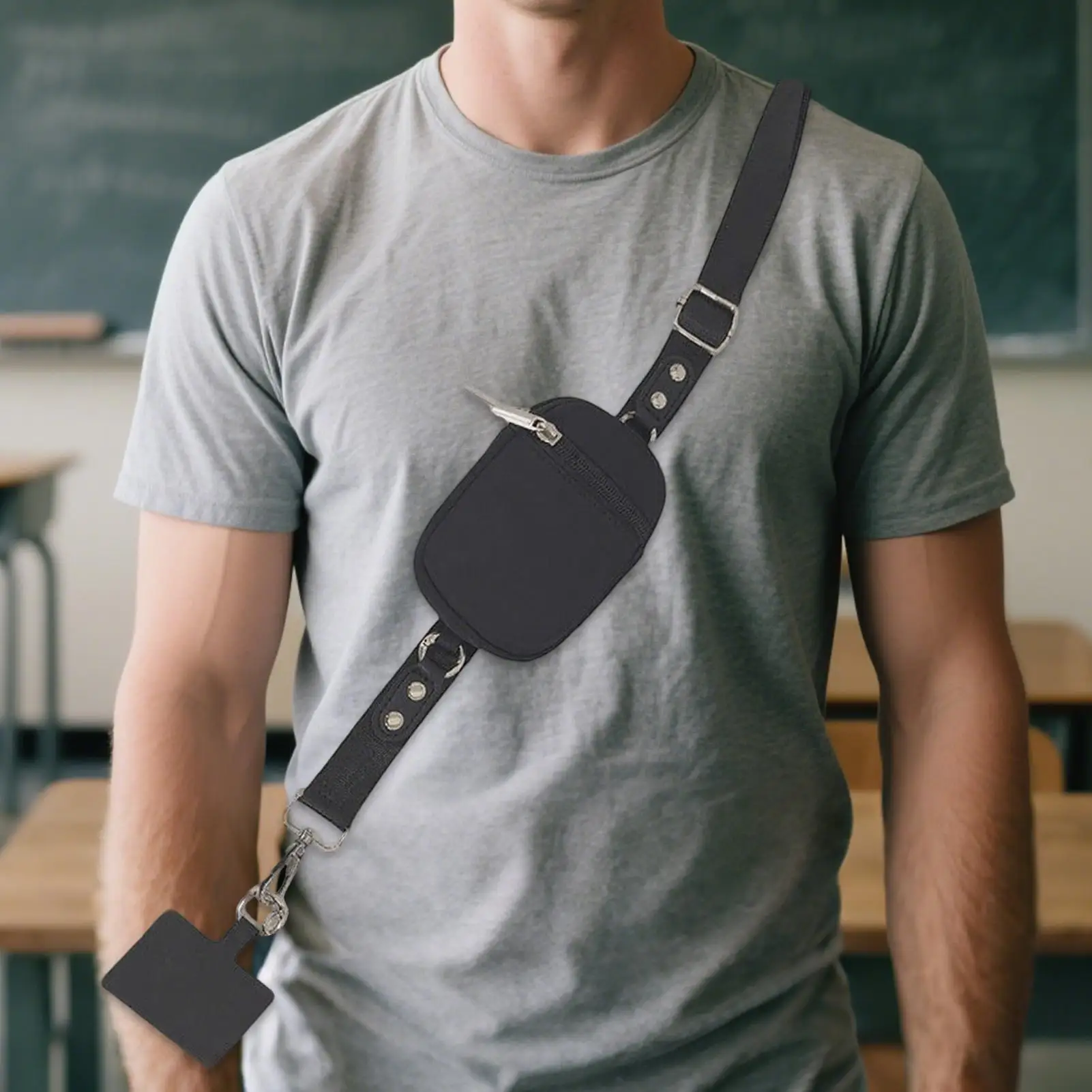 حبل الهاتف مع محفظة وحزام الهاتف الخليوي مع حقيبة بسحاب وسلسلة أمان للرقبة قابلة للتعديل مع علامة تبويب للمناسبات المدرسية واللياقة البدنية