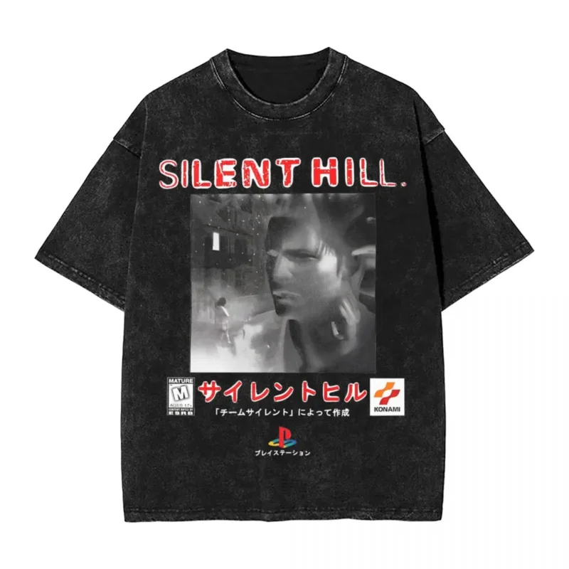 Silent Hill 1 Cover Art Design Washed T-Shirt Men Horror Movie Vintage T-Shirts Beach O Neck Tee Shirt Simple Plus Size Clothes