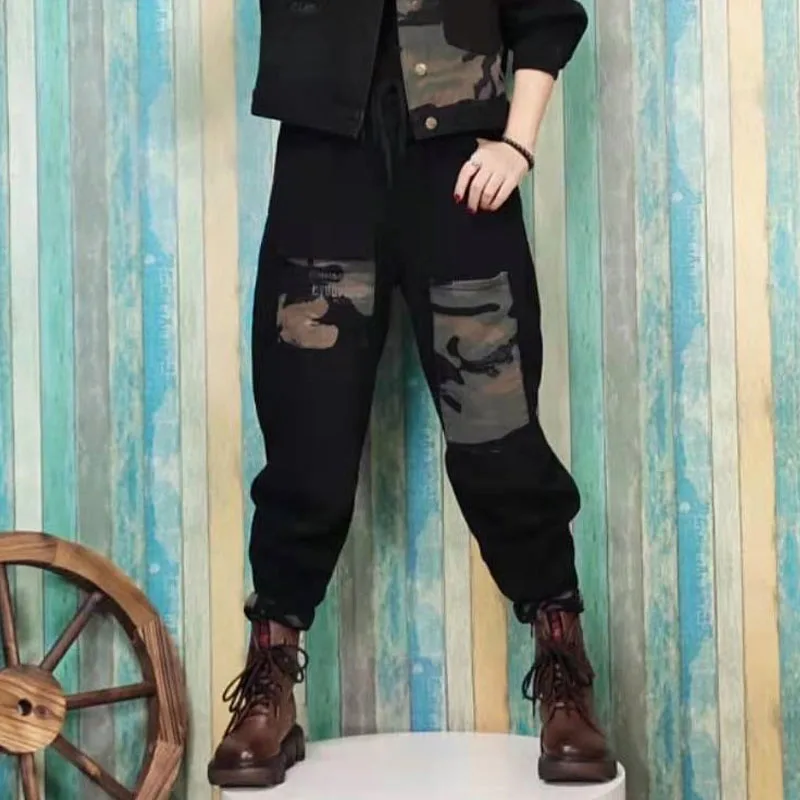 

Retro Camouflage Print High Waist Slimming Faion Loose Women's Denim Harem Pants Long Trousers Spring 2026 New Arrival